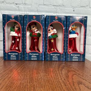 Vintage Disney Mickey, Minnie, Donald & Goofy 4 Large Glass Christmas Ornaments
